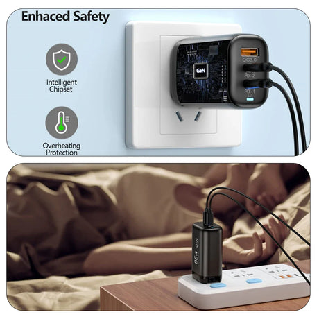 Compact multi-port USB charger with enhanced safety features.