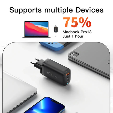 Compact multi-port USB charger adapter with fast charging capability.