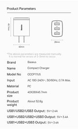 Compact USB charger with multiple ports and technical specifications.