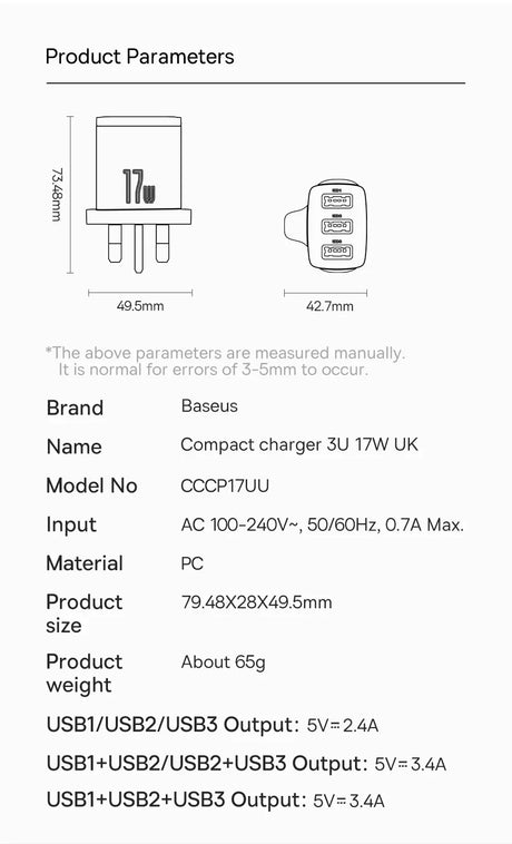 Compact USB charger with product specifications and dimensions shown.