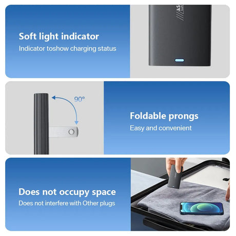 Compact USB wall charger with foldable prongs and a charging indicator light.