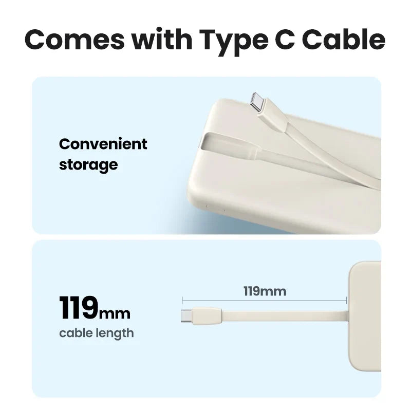 Compact white power bank with integrated Type C cable storage.