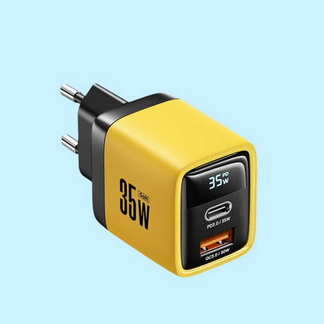 Compact yellow and black USB wall charger with two ports and 35W output.