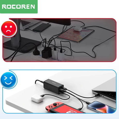 Comparison of messy versus organized electronic device charging setups.