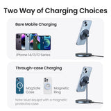 Comparison of two wireless charging methods for iPhones: bare mobile charging and through-case charging using MagSafe technology.