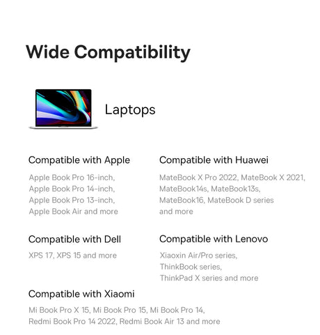 Compatibility chart showing laptop models from various brands that are compatible with a certain product or system.