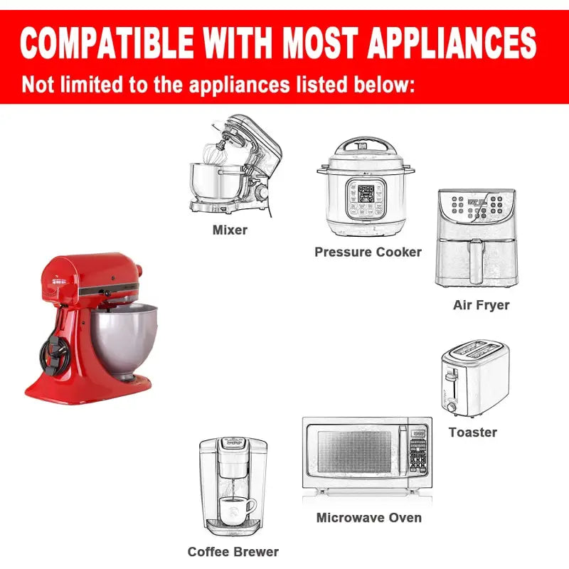 a red mixer with the words, complete with mo appliances