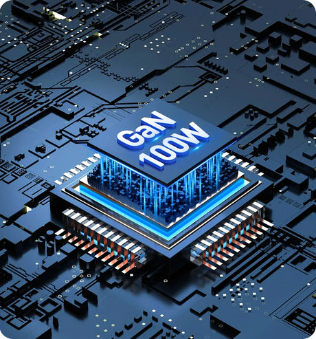 Glowing computer chip labeled ’GaN 100W’ on a circuit board.