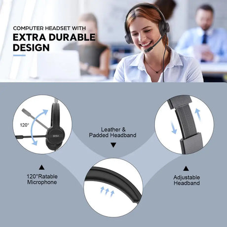 Computer headset with durable design features and adjustable components.