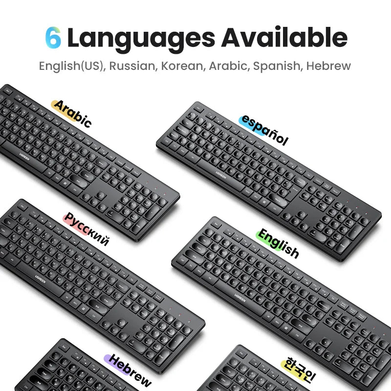 Computer keyboards displaying different language layouts.