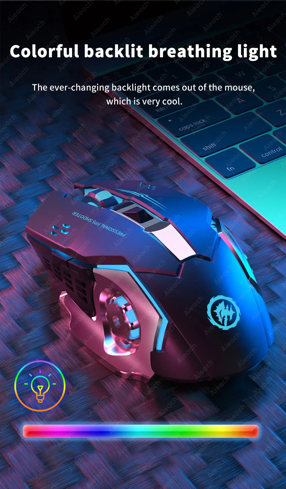 a computer mouse with a glowing blue and pink light