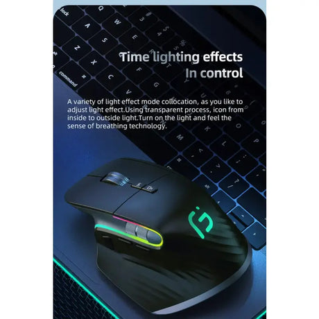 a computer mouse with a green light on it