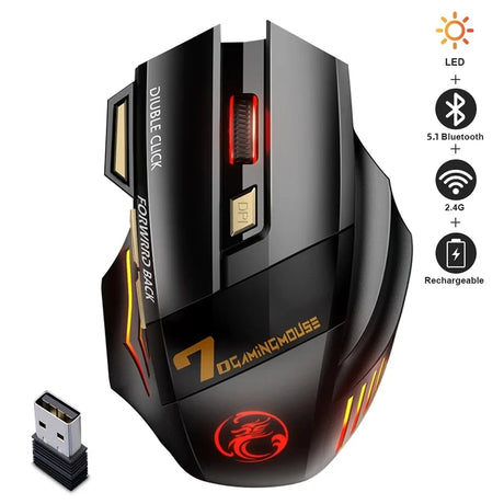 a computer mouse with a red light on it