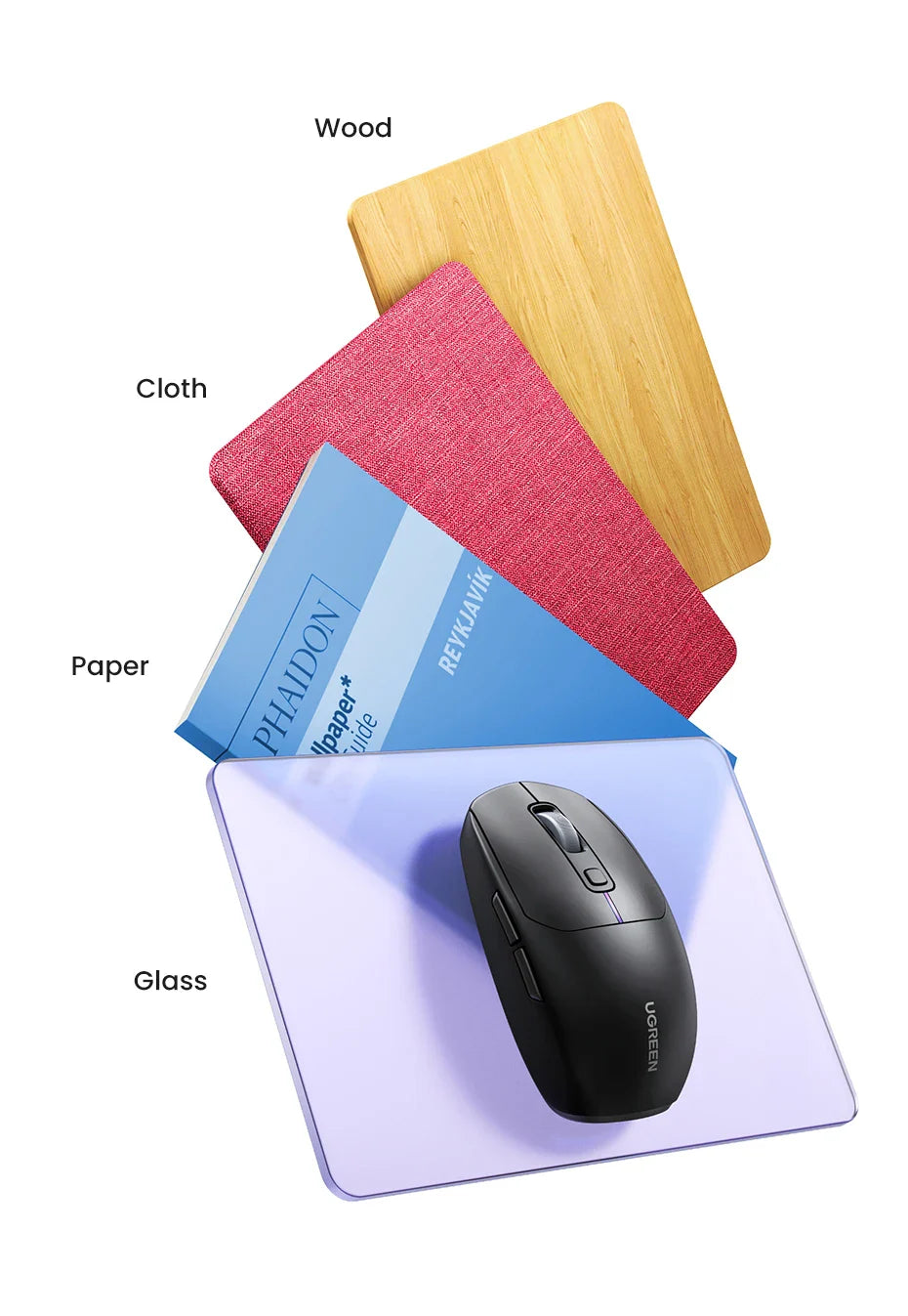 Computer mouse resting on a stack of different material surfaces labeled wood, cloth, paper, and glass.