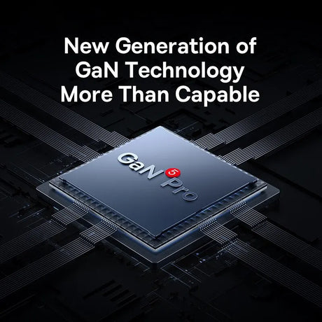 Computer processor chip labeled ’GaN Pro’ with text promoting new GaN technology.