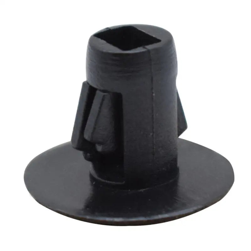 a close up of a black plastic hat on a white background