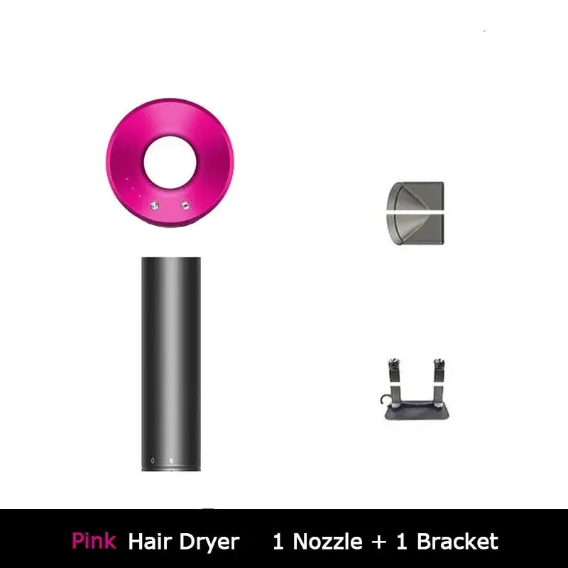 a close up of a pink hair dryer next to a black and white object