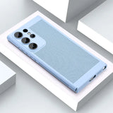 the back of a blue iphone case with a white background