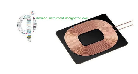 Copper coil mounted on a black rectangular base, labeled as a German instrument designated coil.