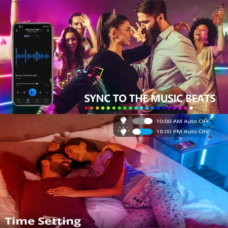 a couple in bed with a phone and a music player