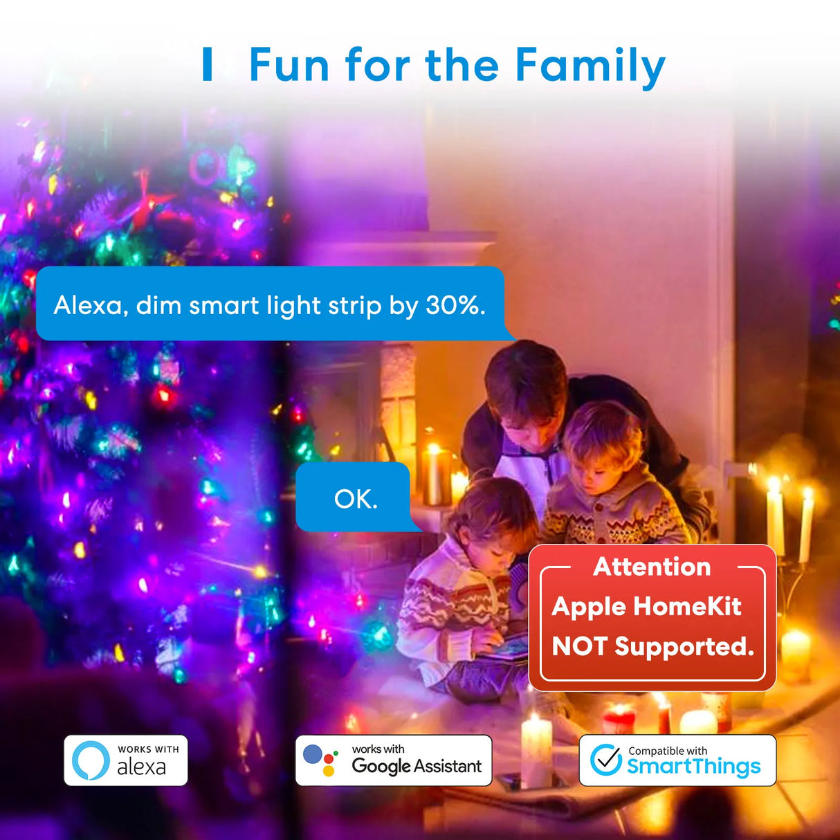 a couple sitting in front of a christmas tree with the words,’fun for the family ’