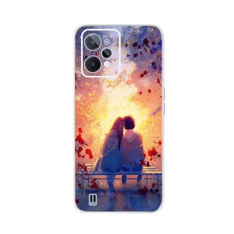 a girl sitting on a bench looking at the sunset phone case