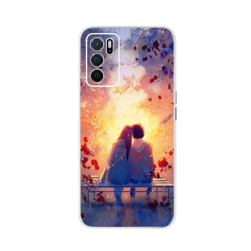 a couple sitting on a bench looking at the sunset phone case