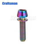 a close up of a screw with a rainbow colored finish