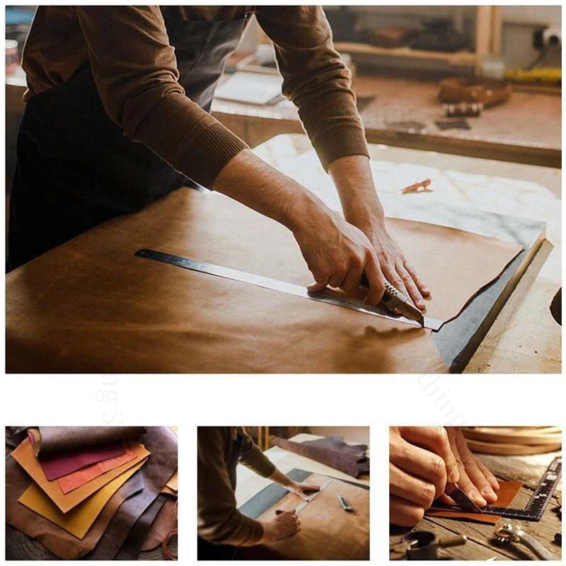 Craftsperson cutting a piece of brown leather with a utility knife and metal ruler.