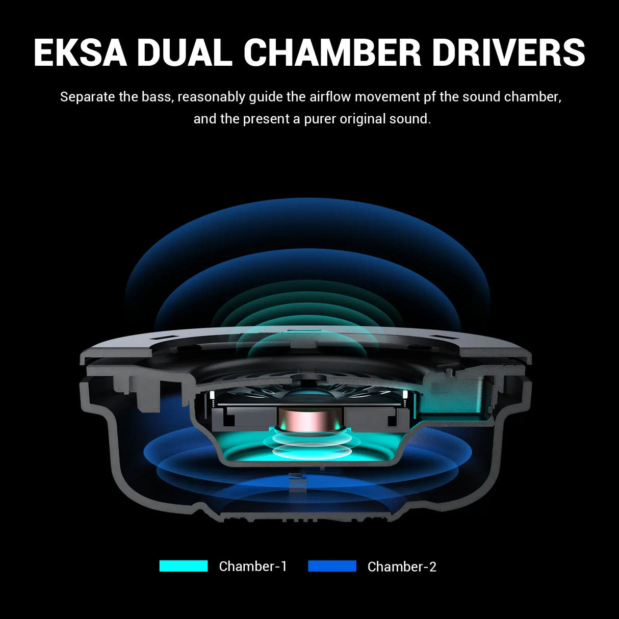 Cross-section diagram of a dual chamber audio driver showing its internal components and airflow chambers.