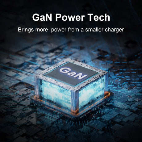 Glowing cube-shaped microchip labeled ’GaN’ on a circuit board.