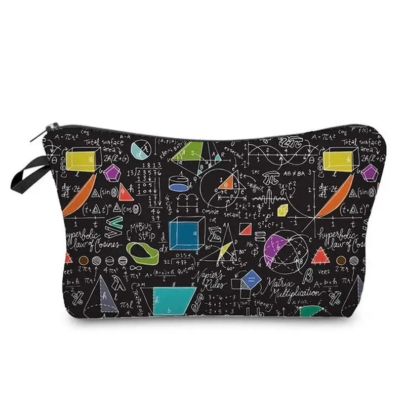 a black pencil case with a colorful pattern