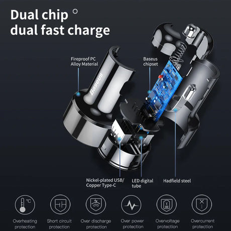 Cutaway diagram of a dual-chip fast-charging device with labeled internal components.