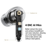 Cutaway diagram of an earbud featuring 4 ENC AI microphones for improved voice extraction and noise reduction.