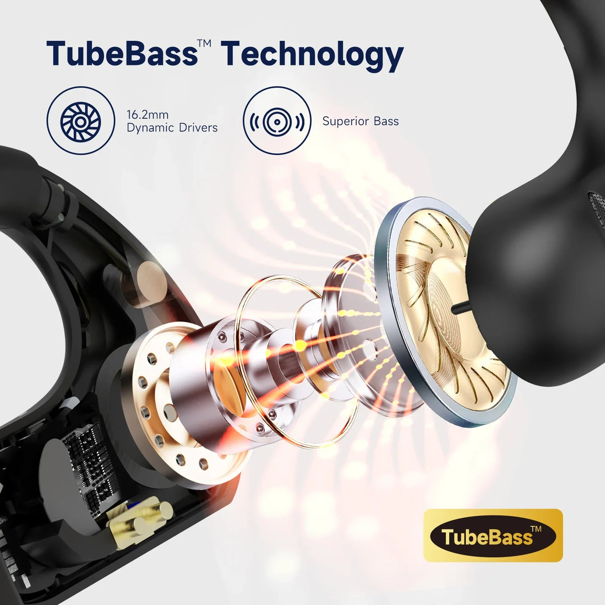 Cutaway diagram of an earphone or earbud showcasing its internal components and ’TubeBass’ technology.