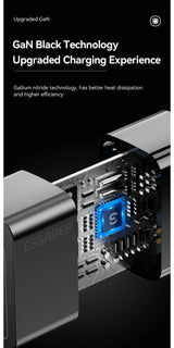 Cutaway view of a charging adapter featuring GaN (Gallium Nitride) technology with a glowing blue chip.