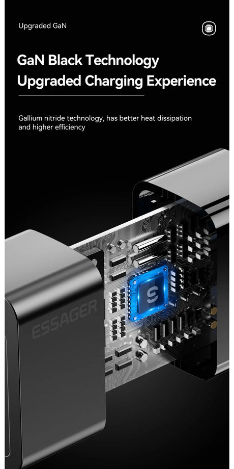 Cutaway view of a charging adapter featuring GaN (Gallium Nitride) technology with a glowing blue chip.