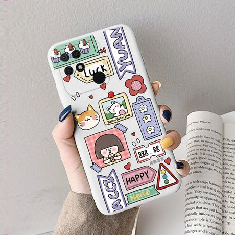 a woman holding a phone case with cartoon characters on it