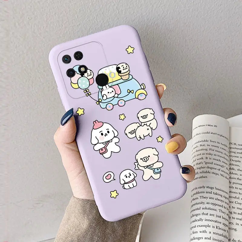 a woman holding a purple phone case with cartoon characters on it