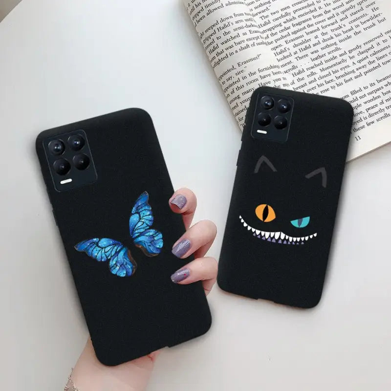 a black phone case with a blue butterfly on it