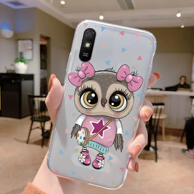 a girl owl phone case with a pink bow