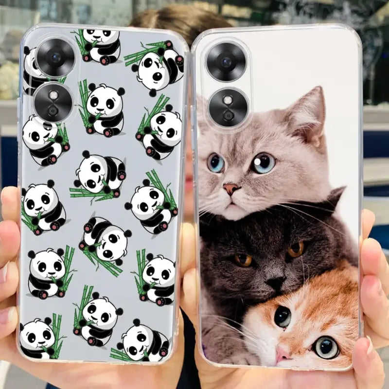a person holding a phone case with a cat and panda