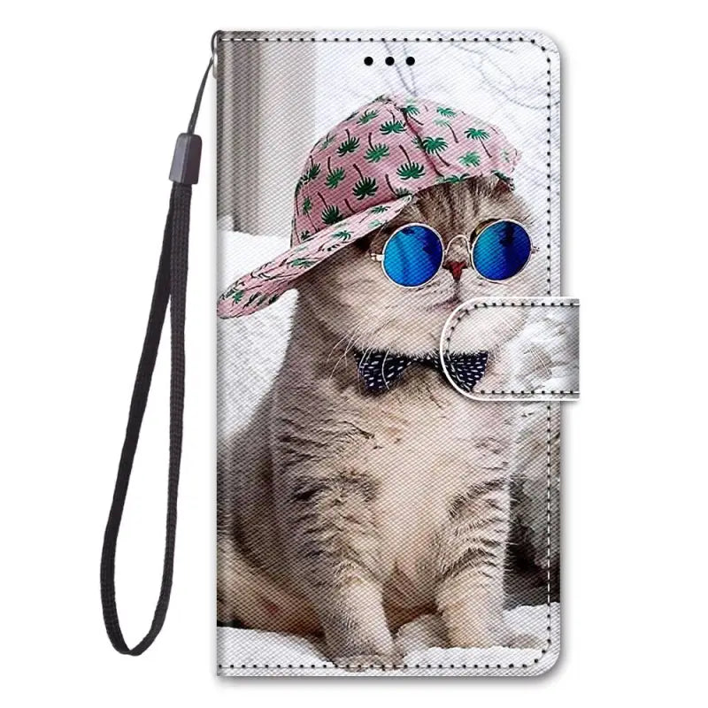 a cat wearing sunglasses and a hat with sunglasses on it’s face wallet case