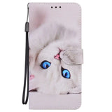 a white cat with blue eyes on a pink background wallet case