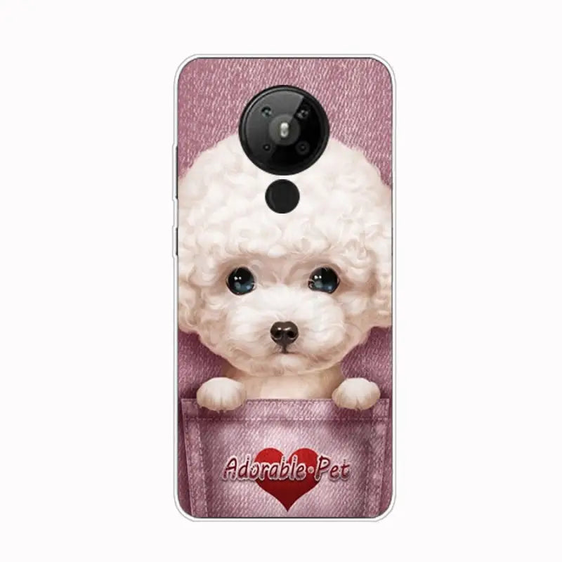 a cute white poodle puppy dog with a heart on a pink background