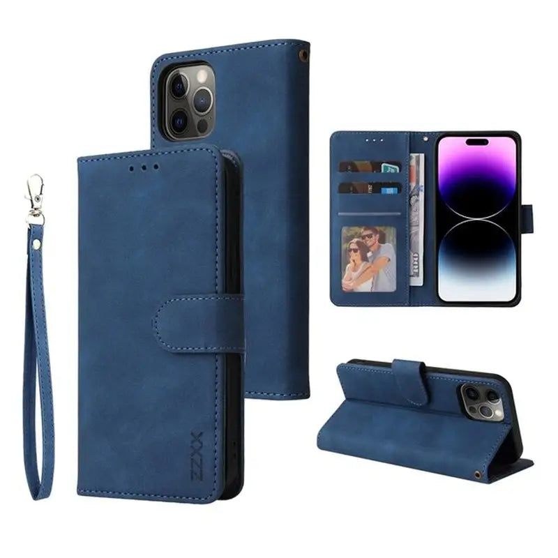 a close up of a blue case with a phone and a lanyard