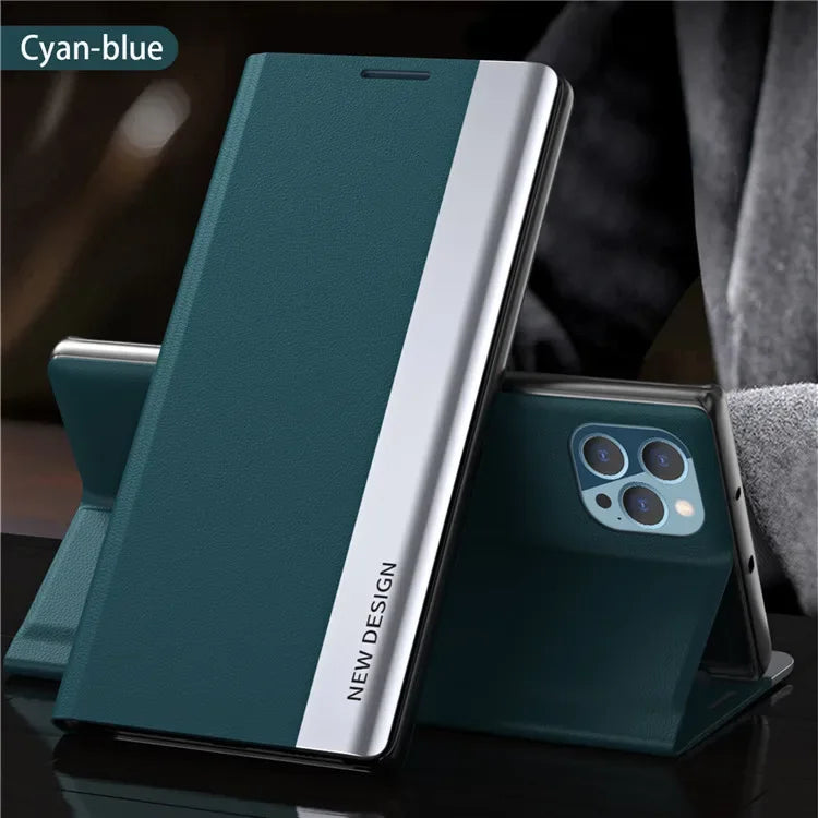 Cyan-blue smartphone case with a silver stripe and triple camera cutout.