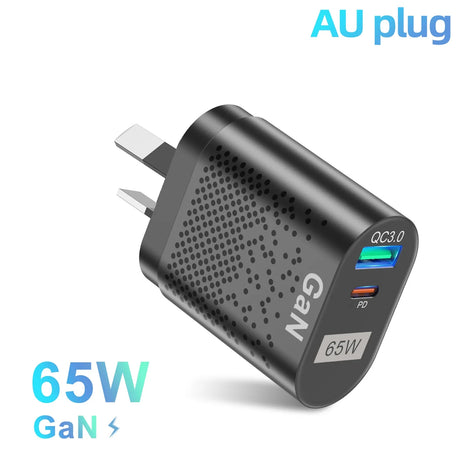 Cylindrical black charger with AU plug, 65W GaN technology, and QC3.0 USB port.