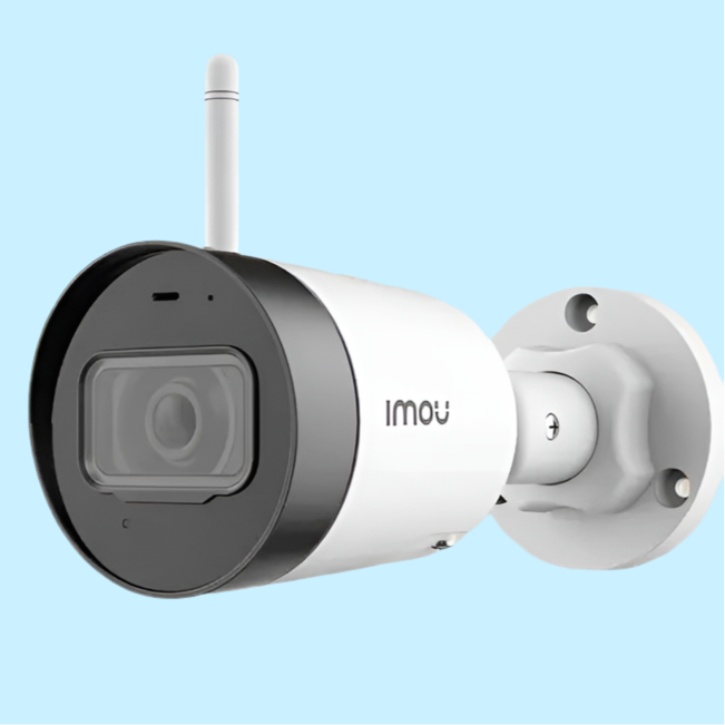 Cylindrical white and black outdoor security camera with a visible lens and antenna.