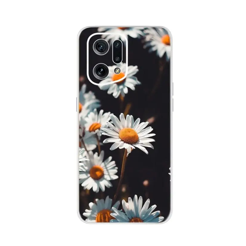 a close up of a white flower phone case with a black background